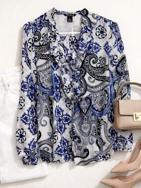 WHBM Blue Black Paisley Ruffle Front Blouse Size 14